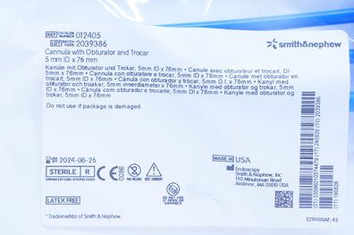 Smith&Nephew 012405 Cannula with Obturator and Trocar 5mm ID x 76mm